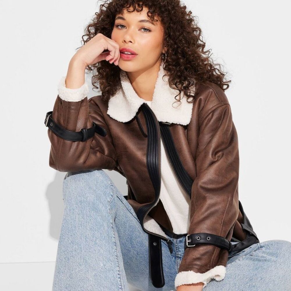 Women's Faux Shearling Aviator Jacket - Wild Fable Brown XS